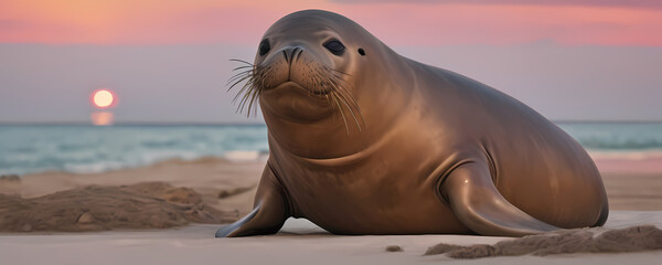 cartoon sea lion at the beach with sunset in background. Extremely detailed high resolution illustration