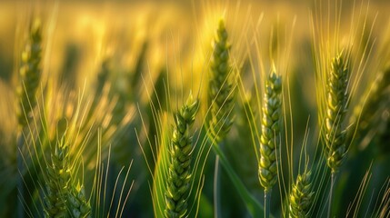 Close-up of wheat stalks in a sunlit field, showcasing the vibrant green and golden hues at dusk.