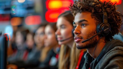 A professional stock photo of customer service reps in a call center, wearing headsets, in a busy environment, feeling helpful