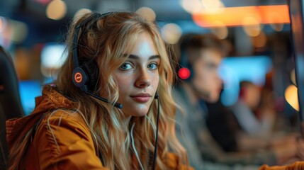 A professional stock photo of customer service reps in a call center, wearing headsets, in a busy environment, feeling helpful
