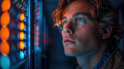 Obraz premium A professional stock photo of IT specialists in a server room, wearing tech gear, in a high-tech environment, feeling precise
