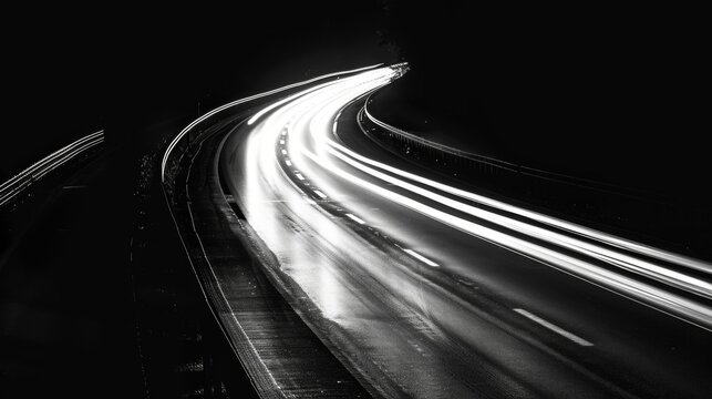 Abstract patterns created by the trails of headlights and taillights a reminder of the constant flow of traffic. Black and white art