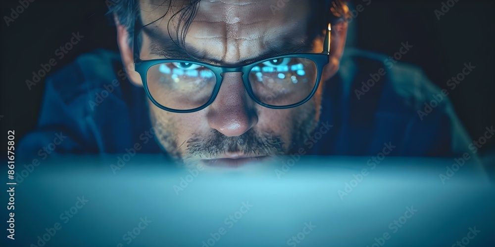 Poster man wearing glasses typing on computer screen with focused and determined expression. concept techno