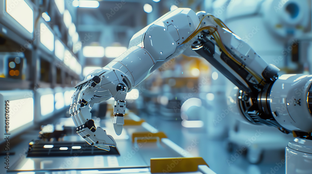 Poster close-up of a robotic arm working in a high-tech factory, illustrating automation and advanced manuf