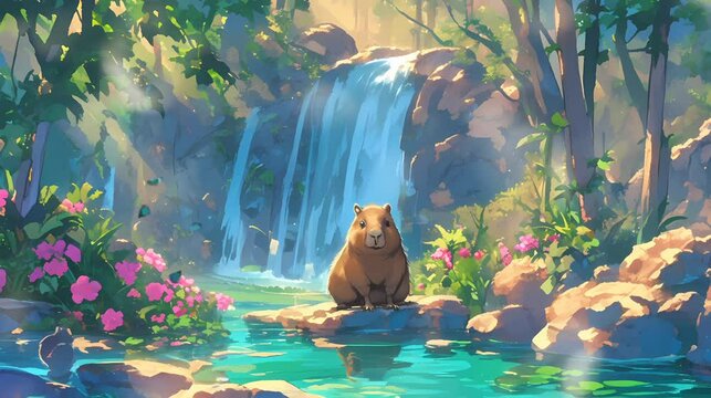 Time-lapse of a capybara by a waterfall. Seamless loop for dynamic backgrounds