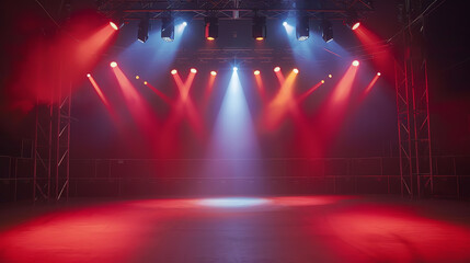 Empty stage with colorful spotlight set up creating an ambient atmosphere, ready for a concert or performance event.