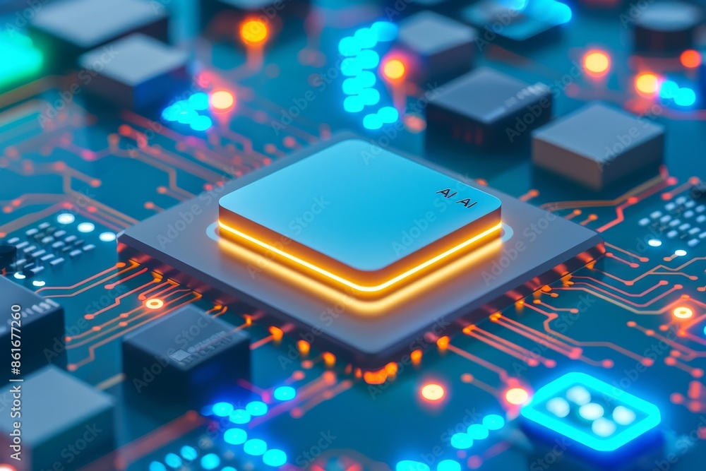 Poster ai microchip on circuit board, highlighting advanced artificial intelligence technology, digital inn