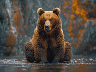 A brown bear sits on the forest floor in its natural habitat.