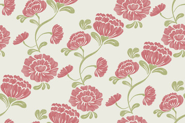 Peony floral pattern vintage ethnic modern embroidery texture boho design vector illustration hand drawn pink flower motif branches leaves wallpaper seamless background border.