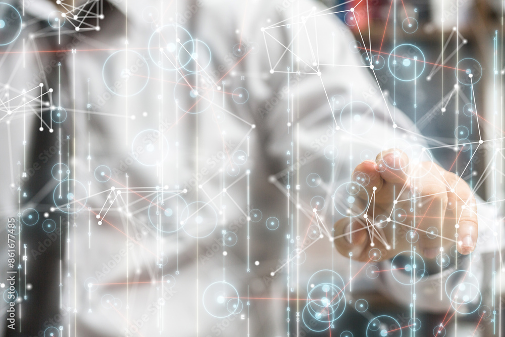 Poster Neural network 3D illustration. Big data and cybersecurity