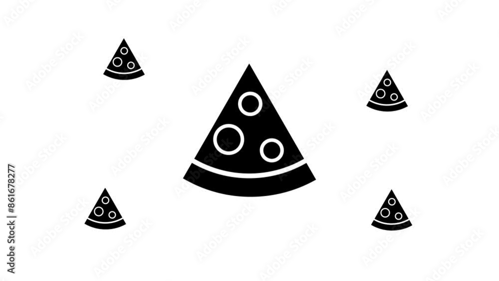 Aufkleber zoom in and out animation the slice of pizza symbol. large black symbol in the center and four small