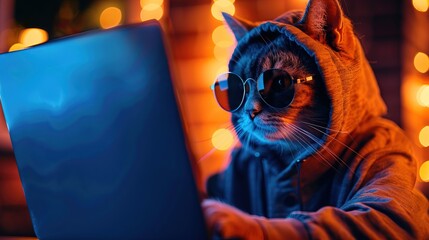 Funny cat in sunglasses working on the laptop in the night. Hacker in hoodie dark theme