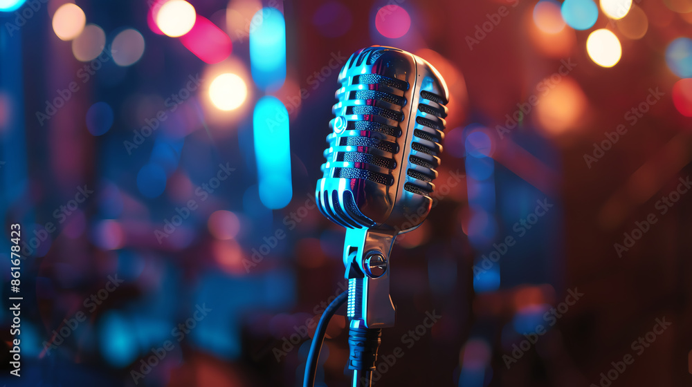 Aufkleber retro microphone with vibrant colorful lights in the background, creating a lively and energetic atm