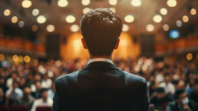 Speaker on the stage with Rear view of Audience in the conference hall or seminar meeting, business and education concept,