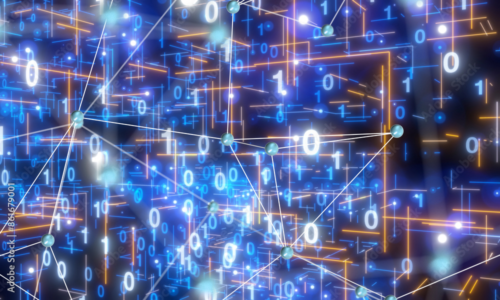 Poster Neural network 3D illustration. Big data and cybersecurity