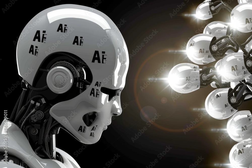 Poster ai humanoid robot with neural interface, advanced artificial intelligence technology, futuristic des