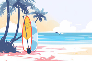 Range of Paddle Boards Resting in the Palms. Website Banner Concept