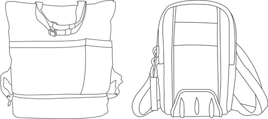 Backpack icon, Bacpacker, Backpack school bag icon set. Vector graphic illustration. Suitable for website design. Backpack fashion flat technical drawing template isolated