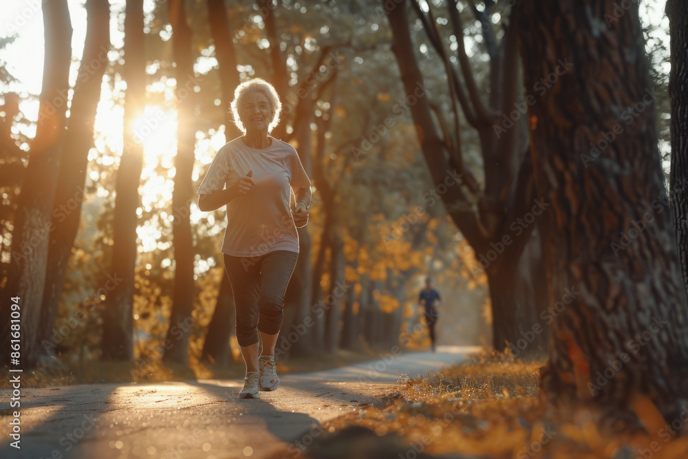 Wall mural Elderly woman runs in the park with the sunset in the background outdoors. Maintaining a healthy lifestyle despite age
