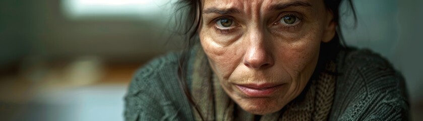 Close-up portrait of a distressed woman with deep wrinkles and tired eyes, wearing a warm sweater, depicting emotion and hardship.