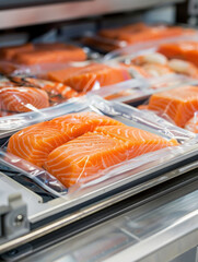 Packaged Fresh Salmon Fillets in Plastic. The image shows fresh salmon fillets sealed in transparent plastic packaging, arranged in a commercial setting.