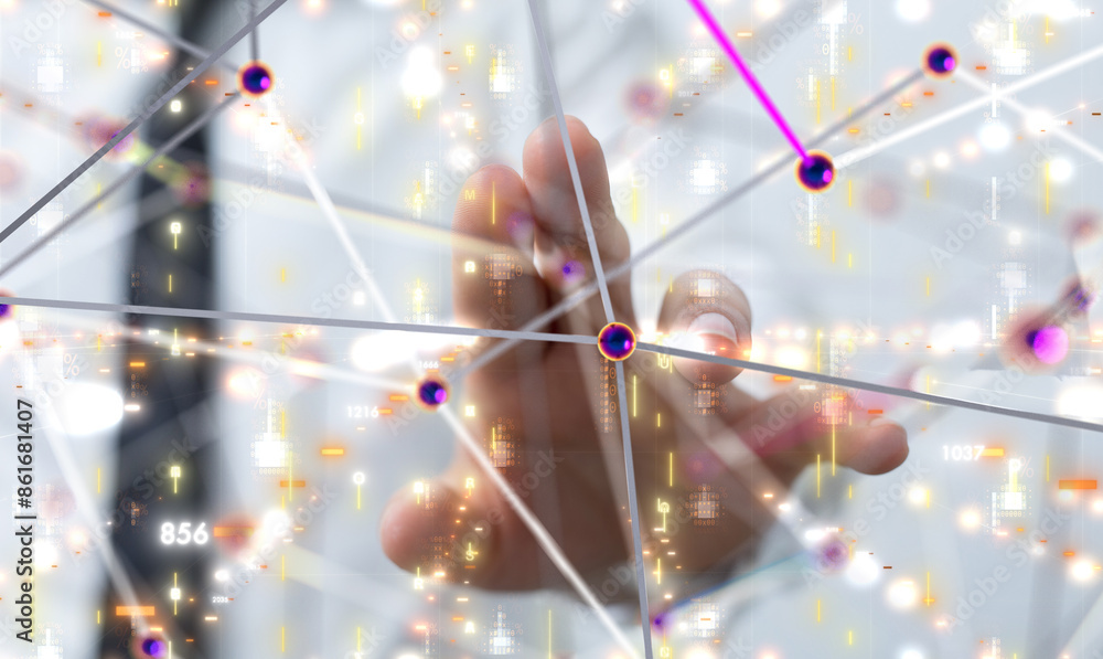 Poster Neural network 3D illustration. Big data and cybersecurity - 3d