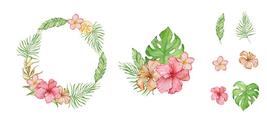 Watercolor tropical frame with flowers and leaves set