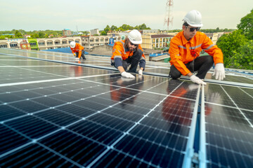 engineer man inspects construction of solar cell panel or photovoltaic cell by electronic device. Industrial Renewable energy of green power. factory worker working on tower roof.