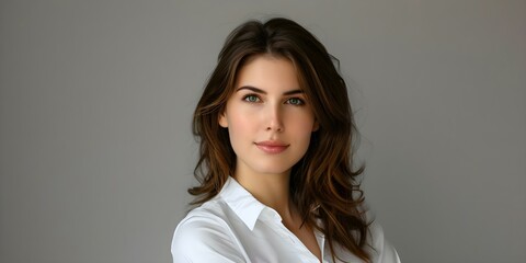 Fototapeta premium Portrait of a Woman Wearing a White Shirt and Brown Hair Taking a Photo. Concept Portrait Photography, Casual Style, White Shirt, Brown Hair, Lifestyle Image