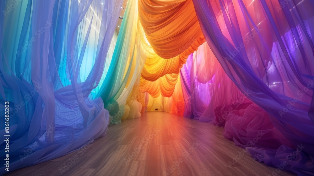 Poster a cascade of rainbowcolored tulle cascading down in a simulated wind tunnel.