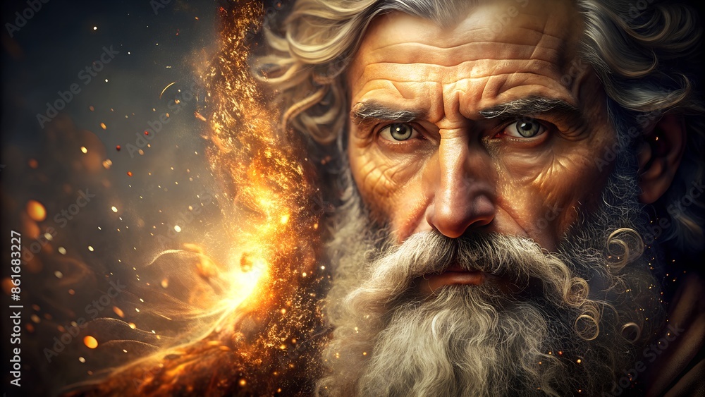 Wall mural a prophet of god with white beard in a fire and flames effects environment background illustration