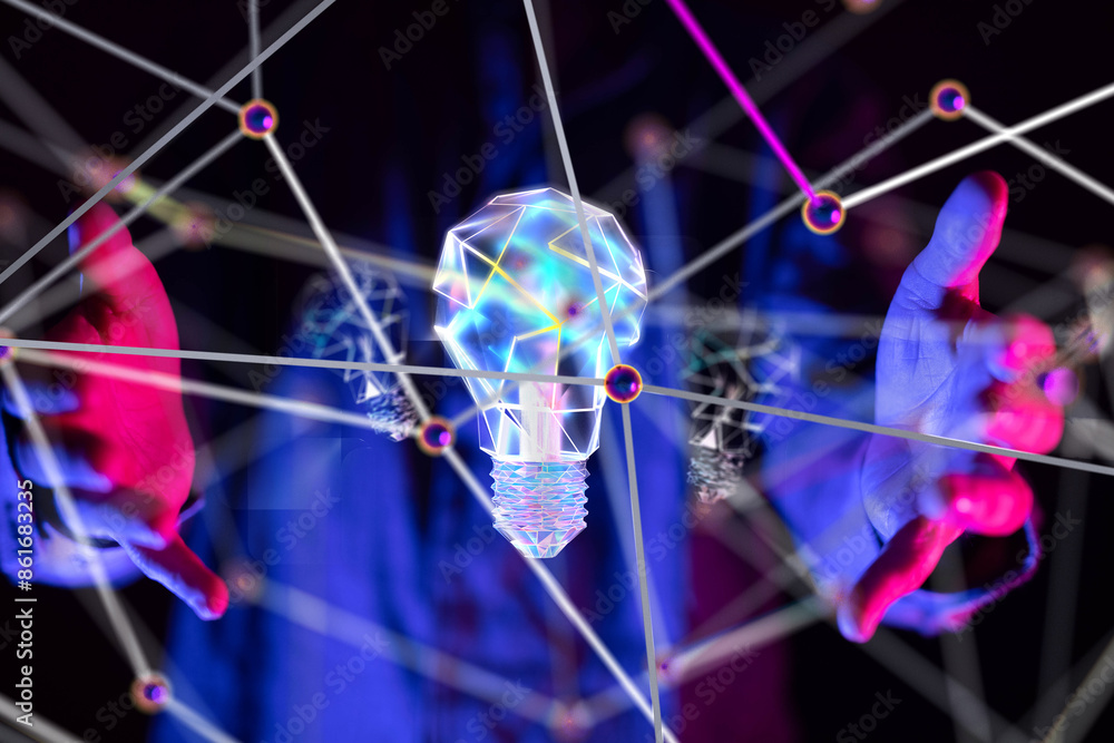 Poster Neural network 3D illustration. Big data and cybersecurity - 3d