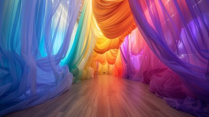 A cascade of rainbowcolored tulle cascading down in a simulated wind tunnel.