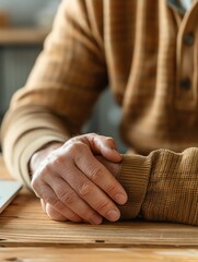 Obraz premium Close-up of a man with hand pain rubbing his wrist, office background, clear focus on wrist, large copy space
