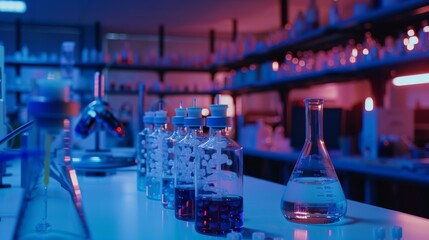 Laboratory bench with glassware, molecular models, and vials, under neon blue and pink lighting, showcases pharmaceutical research, molecular innovation, and development next-generation drugs.