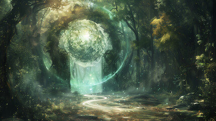 Obraz premium A mysterious portal in the middle of a forest, with swirling energy and a glimpse of another world beyond its shimmering threshold.