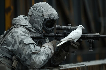 Peace dove standing on a sniper's gun, on a battlefield