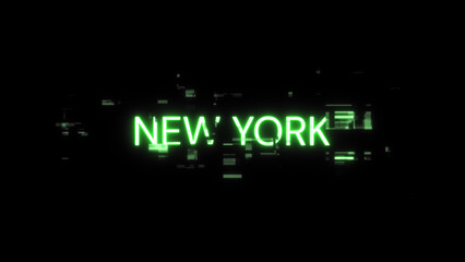 3D rendering New York text with screen effects of technological glitches