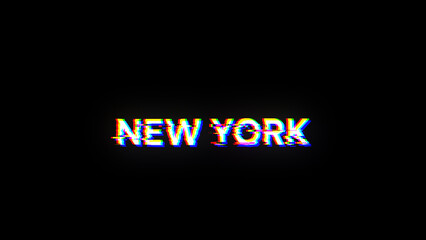 3D rendering New York text with screen effects of technological glitches