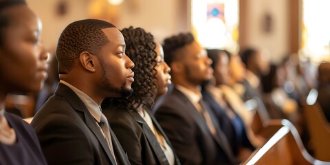 Congregation in Sunday best sings hymns of freedom at Juneteenth church service. Concept Community Celebration, Juneteenth, Spiritual Gathering, Cultural Heritage, Music and Song