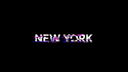 3D rendering New York text with screen effects of technological glitches