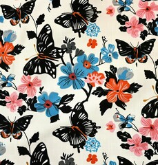 Colorful butterflies and flowers on white fabric with black, blue and orange flowers for art and beauty inspiration