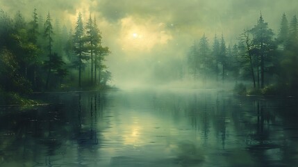 Obraz premium Oil painting of a dense forest shrouded in morning mist, with a quiet stream flowing through the trees.