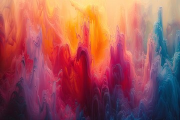 Obraz premium A vibrant, abstract painting of a cityscape at sunset, with bold strokes of color and a sense of movement