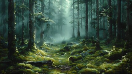 Obraz premium Oil painting of a dense forest shrouded in morning mist, with fallen logs covered in moss scattered across the forest floor.