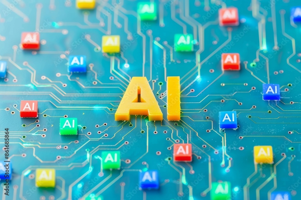 Poster ai microchip with colorful circuits, highlighting advanced artificial intelligence technology, digit