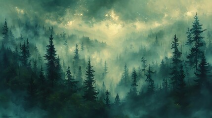 Obraz premium Oil painting of a dense forest shrouded in morning mist, with towering pine trees creating a canopy above.