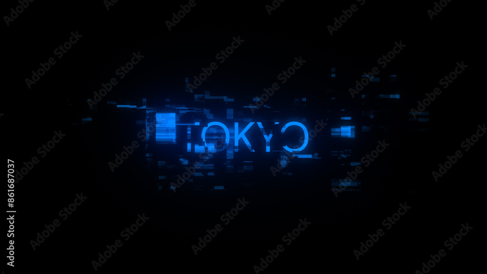 Poster 3d rendering tokyo text with screen effects of technological glitches
