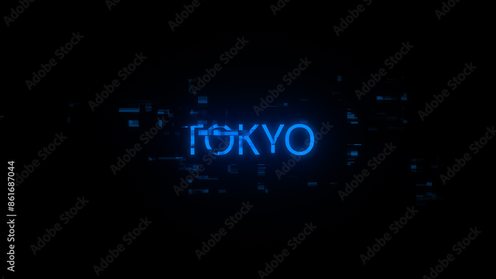 Poster 3d rendering tokyo text with screen effects of technological glitches