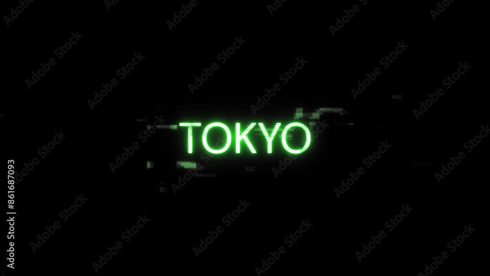 Poster 3d rendering tokyo text with screen effects of technological glitches